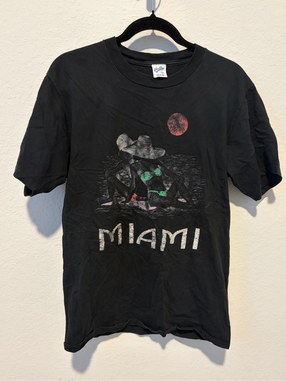 Vintage 80s Velva Sheen Miami Beach Graphic Tee Black Made in USA Large Souvenir